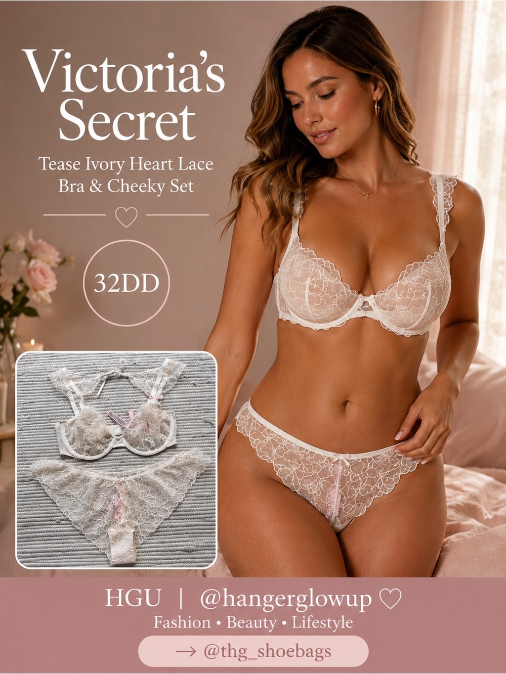 Victoria’s Secret Tease Ivory Heart Lace Bra & Cheeky Set NWT 32DD S